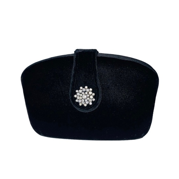 Vintage Velvet Purse Clutch Bag Rhinestone Bling Closure Crossbody Strap Black - Picture 2 of 7